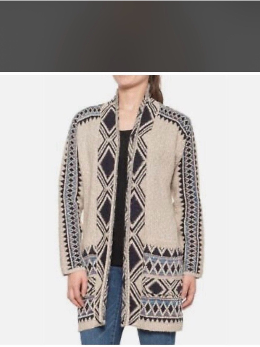 Lucky Brand Cream and Black Geometric Open-Front Cardigan